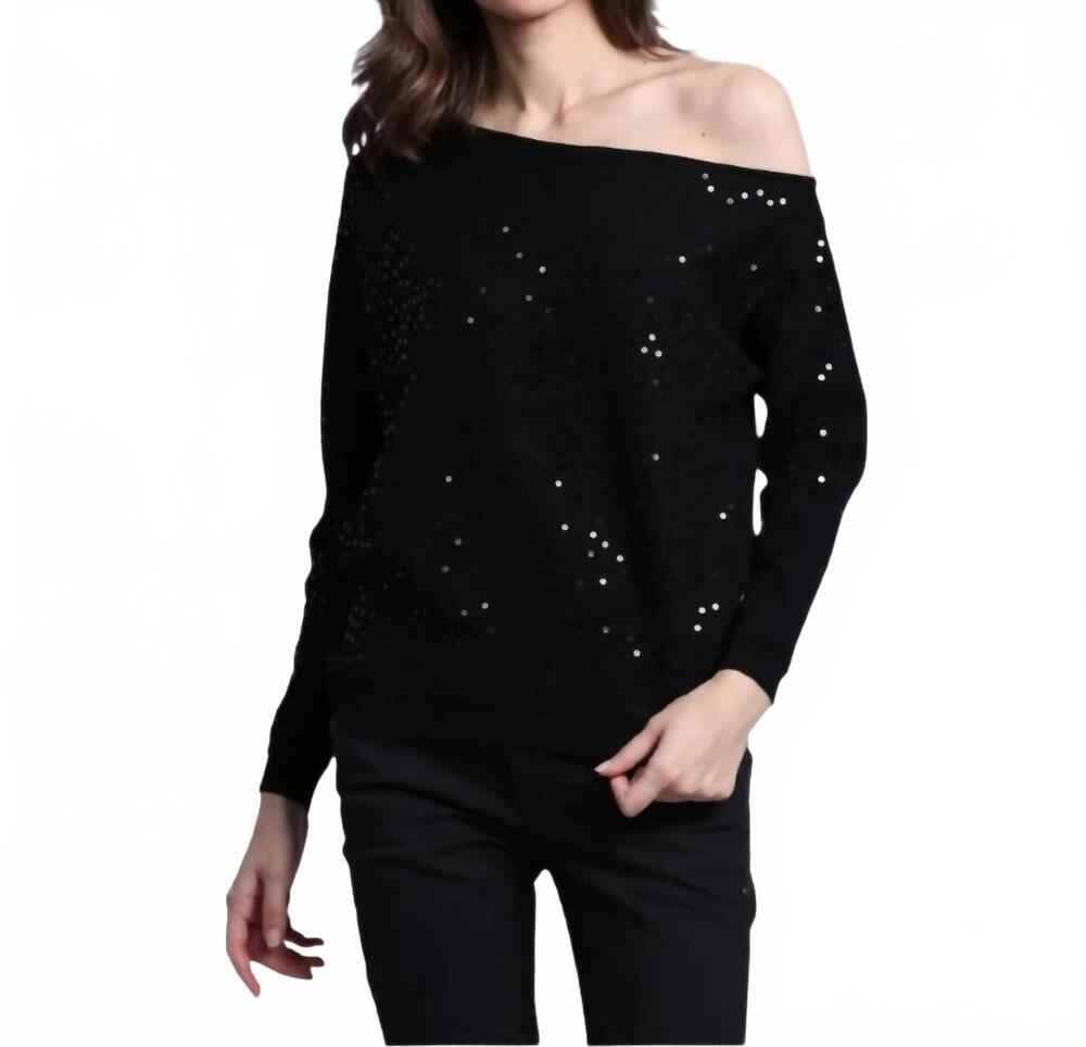 NEW MINNIE ROSE viscose sequin off the shoulder sweater in black